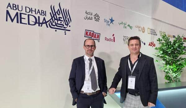 P. Metral (L) and C. Poulain (R) on the Abu Dhabi Media stand at Global Media Congress 2022